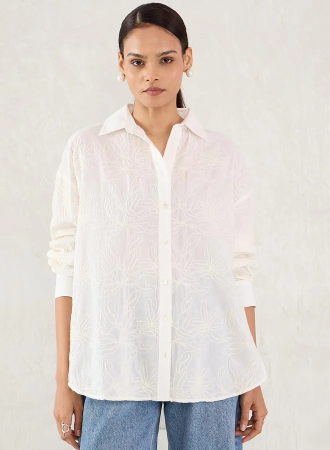 فيميلا Femmella White Embroidered Cotton Longline Shirt