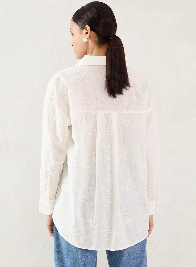 فيميلا Femmella White Embroidered Cotton Longline Shirt