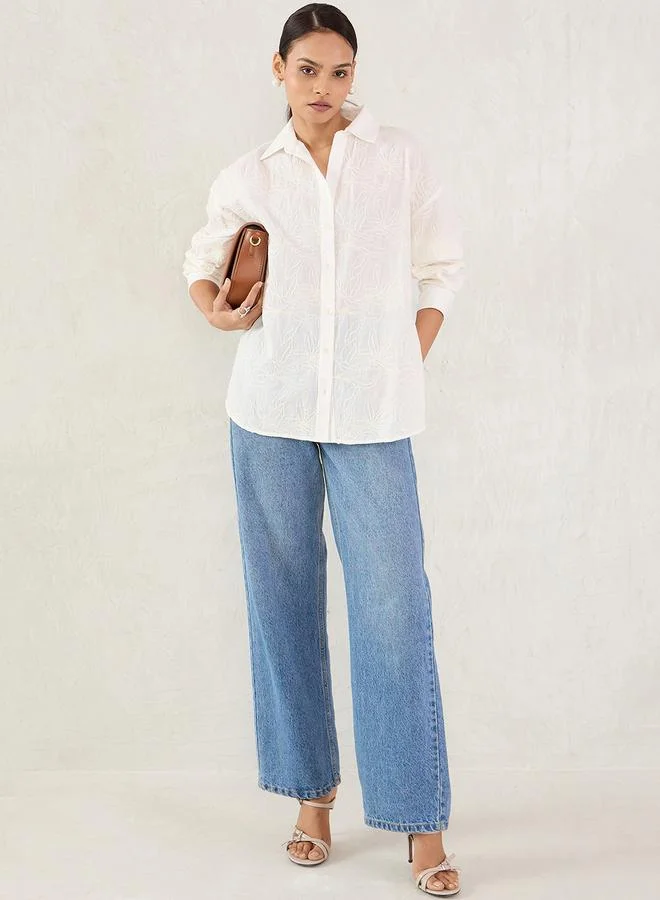 Femmella  Femmella White Embroidered Cotton Longline Shirt for Women | Best Price UAE