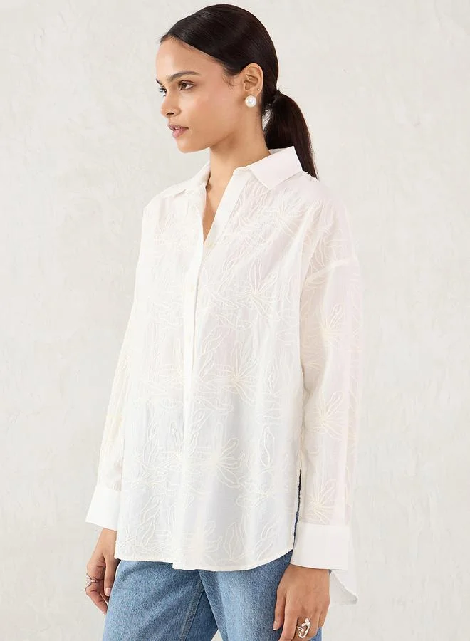 Femmella White Embroidered Cotton Longline Shirt