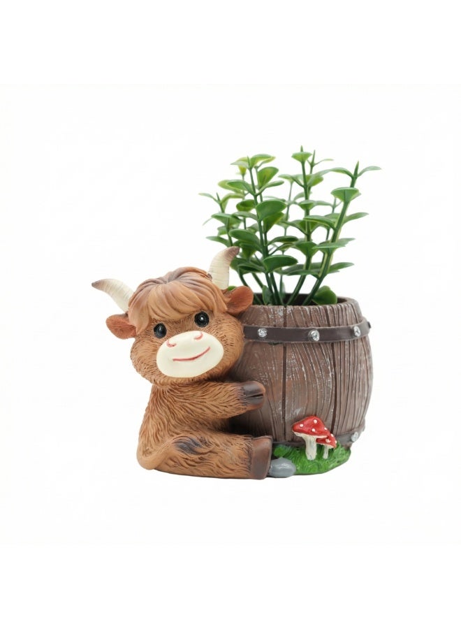 Scottish Highland Candle Cow-Barrel Flower Pot Polyresin Cute Cow Succulent Planter Decorative Mini Barrel Vase Indoor Outdoor Garden Desk Home Office Decor Pen Pencil Holder Propagator Kit - Image 1