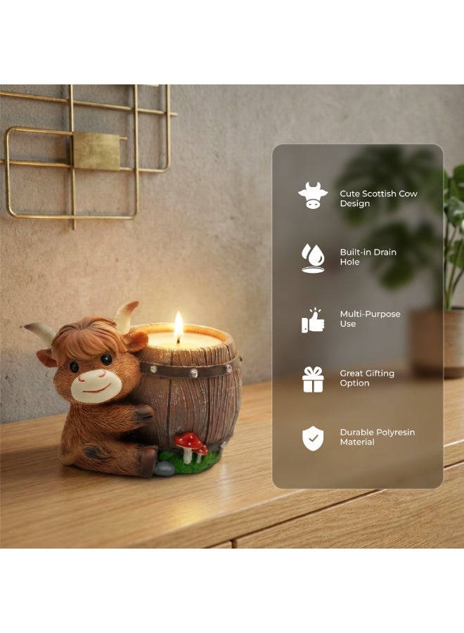 Scottish Highland Candle Cow-Barrel Flower Pot Polyresin Cute Cow Succulent Planter Decorative Mini Barrel Vase Indoor Outdoor Garden Desk Home Office Decor Pen Pencil Holder Propagator Kit - Image 4