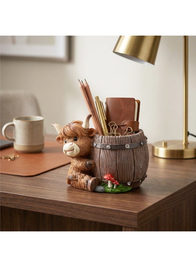 Scottish Highland Candle Cow-Barrel Flower Pot Polyresin Cute Cow Succulent Planter Decorative Mini Barrel Vase Indoor Outdoor Garden Desk Home Office Decor Pen Pencil Holder Propagator Kit - Image 5