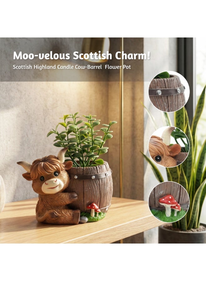 Scottish Highland Candle Cow-Barrel Flower Pot Polyresin Cute Cow Succulent Planter Decorative Mini Barrel Vase Indoor Outdoor Garden Desk Home Office Decor Pen Pencil Holder Propagator Kit - Image 3