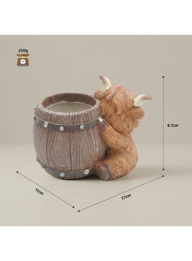 Scottish Highland Candle Cow-Barrel Flower Pot Polyresin Cute Cow Succulent Planter Decorative Mini Barrel Vase Indoor Outdoor Garden Desk Home Office Decor Pen Pencil Holder Propagator Kit - Image 2