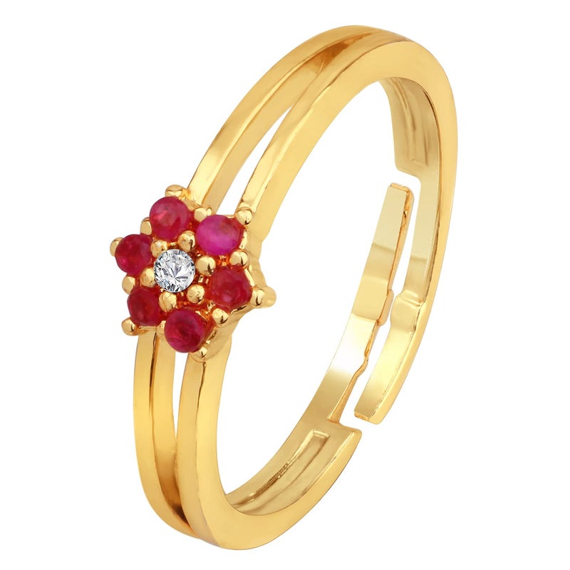 Mahi Gold Plated Floral Adjustable Finger Ring with Ruby and Crystal for Women (FR1103150GRed) - Image 4