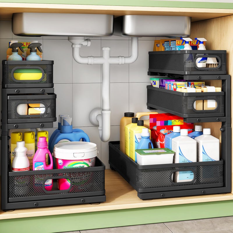Kitstorack Under Sink Organizer, 2-Pack 3-Tier Height Adjustable Thickened Metal Pull out Cabinet Organizer Shelf, Slide out Storage Drawer Rack for Bathroom Kitchen Pantry Home Laundry Organization - Image 1