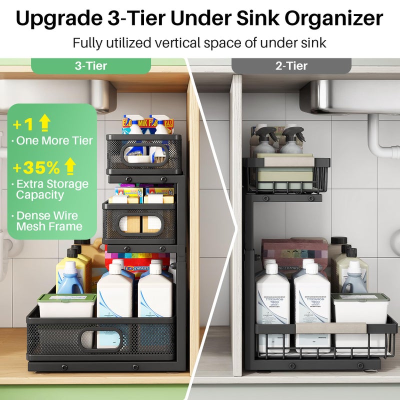 Kitstorack Under Sink Organizer, 2-Pack 3-Tier Height Adjustable Thickened Metal Pull out Cabinet Organizer Shelf, Slide out Storage Drawer Rack for Bathroom Kitchen Pantry Home Laundry Organization - Image 4