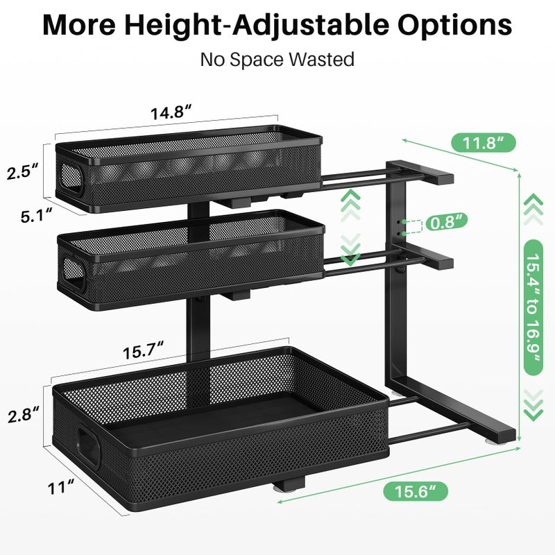 Kitstorack Under Sink Organizer, 2-Pack 3-Tier Height Adjustable Thickened Metal Pull out Cabinet Organizer Shelf, Slide out Storage Drawer Rack for Bathroom Kitchen Pantry Home Laundry Organization - Image 3