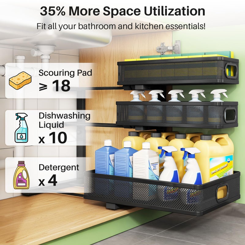 Kitstorack Under Sink Organizer, 2-Pack 3-Tier Height Adjustable Thickened Metal Pull out Cabinet Organizer Shelf, Slide out Storage Drawer Rack for Bathroom Kitchen Pantry Home Laundry Organization - Image 5