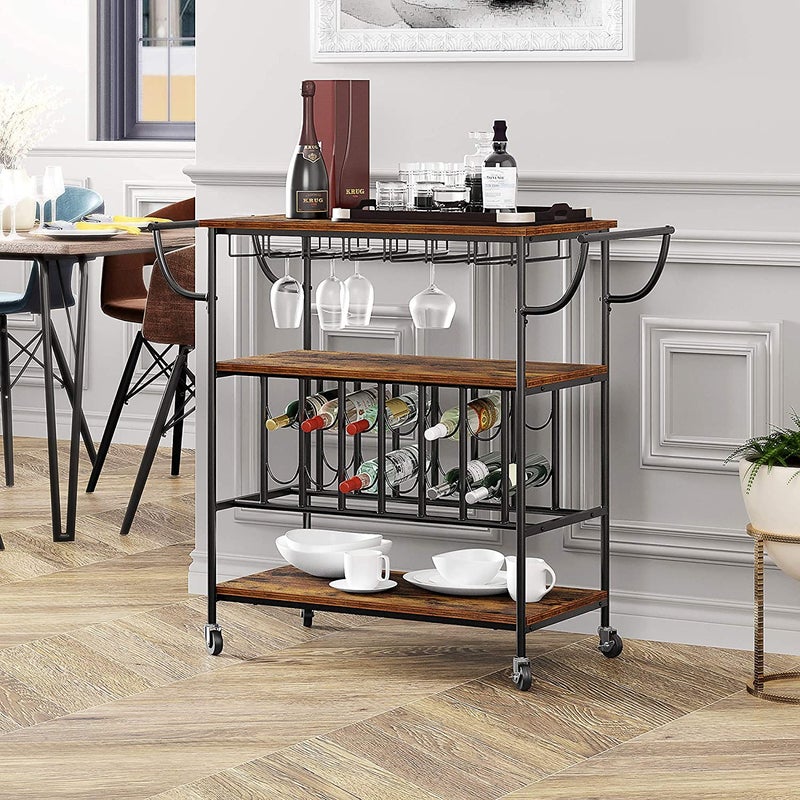 INDIAN DECOR INDIAN DECOR XL6200 Bar Cart Metal Wine Bottle Rack Mobile Serving Cart with Wheels 3 Tier Kichen Storage Rolling Cart Fits up for Every Wine Bottle of 115 x 275 x 124 H Rustic Brown - Image 2