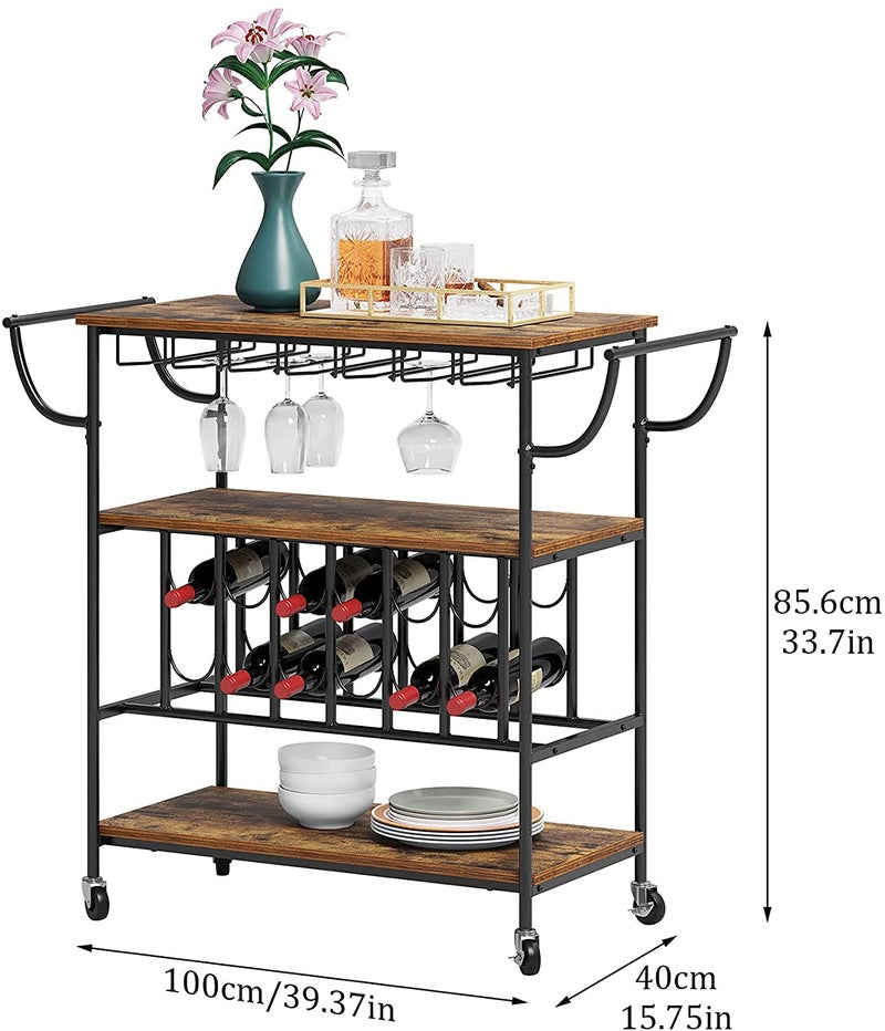 INDIAN DECOR INDIAN DECOR XL6200 Bar Cart Metal Wine Bottle Rack Mobile Serving Cart with Wheels 3 Tier Kichen Storage Rolling Cart Fits up for Every Wine Bottle of 115 x 275 x 124 H Rustic Brown - Image 4