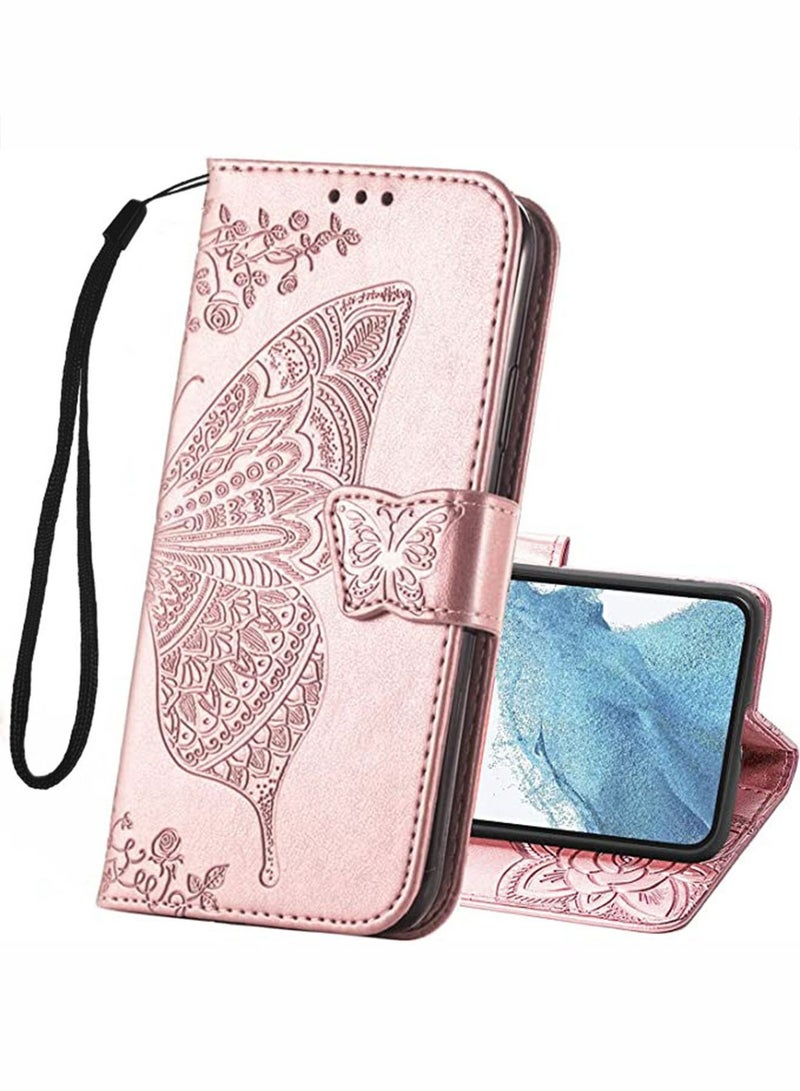 Samsung Galaxy A54 5G Wallet Case Cover with PU Leather Wallet Flip Protective Magnetic Case with Wrist Strap Card Slots Holder Pocket Butterfly Flower Stand Case for Women Girls Rose Gold  - Image 1