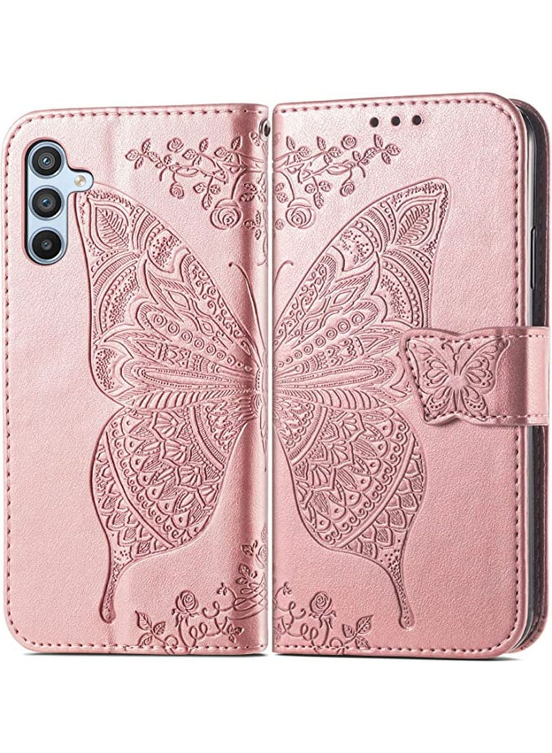 Samsung Galaxy A54 5G Wallet Case Cover with PU Leather Wallet Flip Protective Magnetic Case with Wrist Strap Card Slots Holder Pocket Butterfly Flower Stand Case for Women Girls Rose Gold  - Image 2