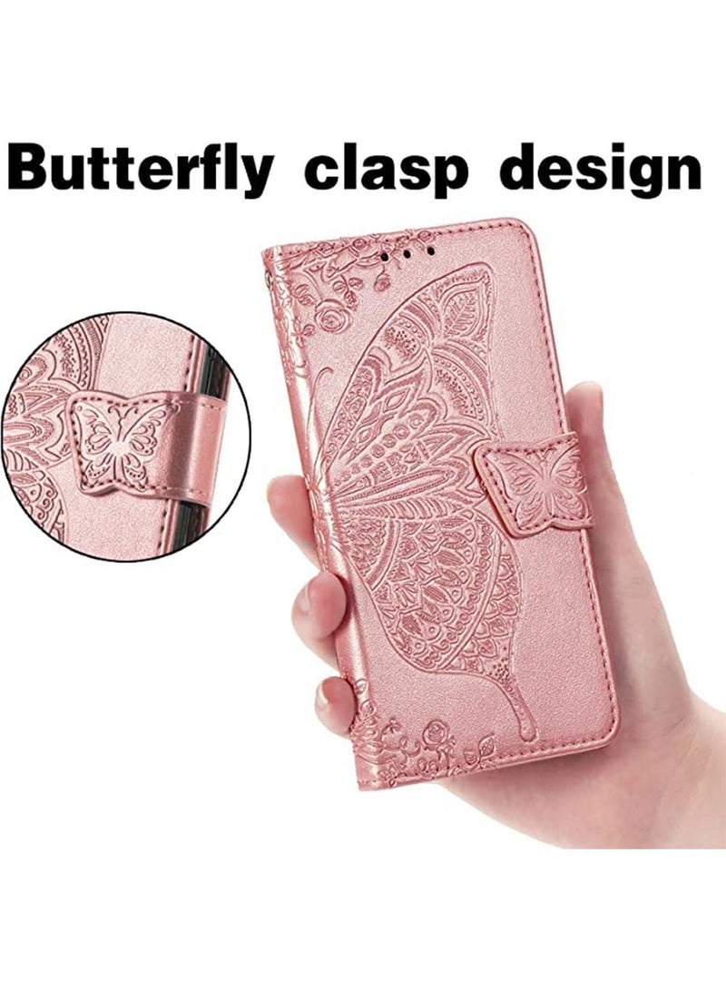 Samsung Galaxy A54 5G Wallet Case Cover with PU Leather Wallet Flip Protective Magnetic Case with Wrist Strap Card Slots Holder Pocket Butterfly Flower Stand Case for Women Girls Rose Gold  - Image 5