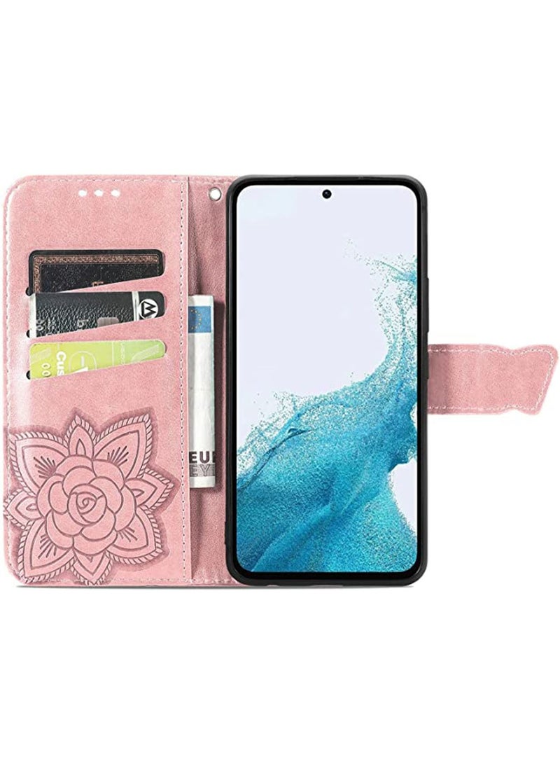 Samsung Galaxy A54 5G Wallet Case Cover with PU Leather Wallet Flip Protective Magnetic Case with Wrist Strap Card Slots Holder Pocket Butterfly Flower Stand Case for Women Girls Rose Gold  - Image 3