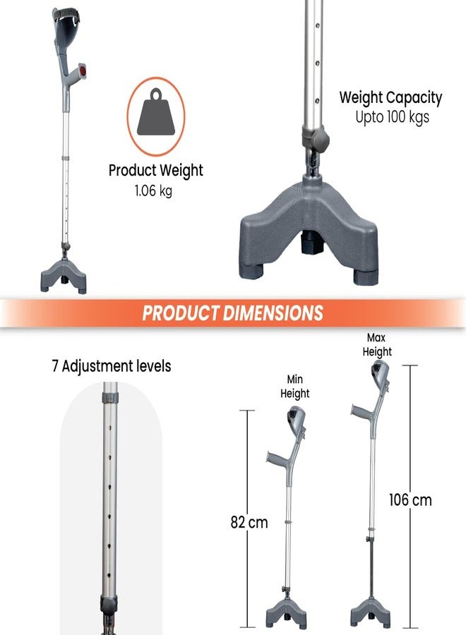 Vissco Astra Max Elbow Crutch with Tripod Base, Fixed Handle, Lightweight and Adjustable Height Walking Aid for Men and Women, Anti-Slip 3 Leg Base for Stability (1 Piece, Grey) - Image 5