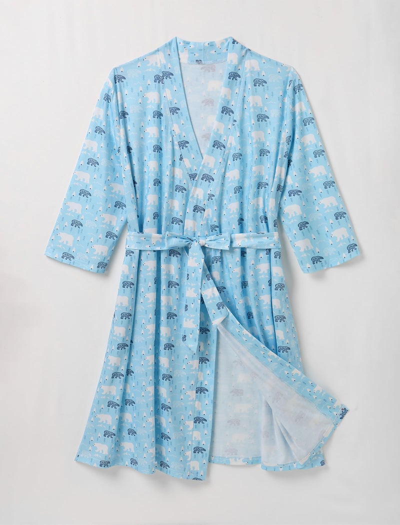 AWIBMK Mommy and Me Robe and Swaddle Set Floral Print Maternity and Baby Matching Hospital Labor Delivery Swaddling Wrap Blanket Dress with Headband Hat for Mom and Girl Boy 4pcs Outfit Blue Bear S/M - Image 2