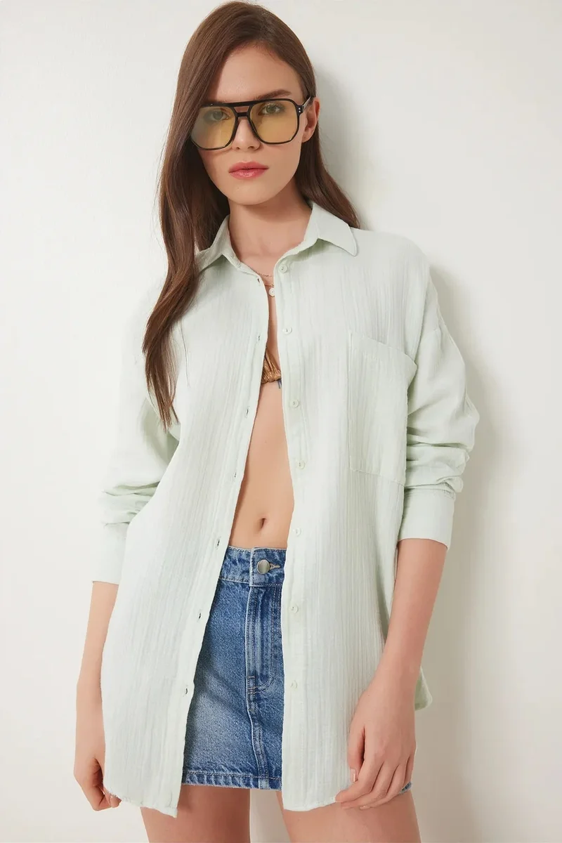 هابينس اسطنبول ISTANBUL Oversized Textured Cotton Shirt with Pocket