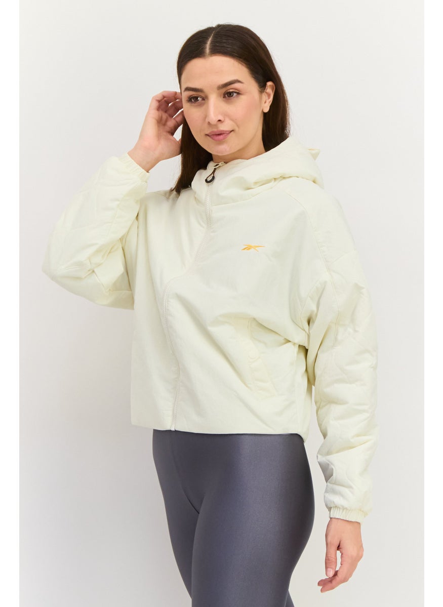 Reebok Women Sportswear Fit Long Sleeve Brand Logo Hooded Sweatshirt, Light Cream  - Image 4