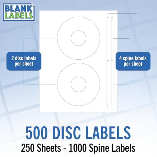 Blank Labels 500 CD/DVD Labels Compatible with The Word 5931 Template. Laser and Ink Jet Compatible Bright White Matte Finish. 250 Sheets Blank Labels Brand. - Image 1