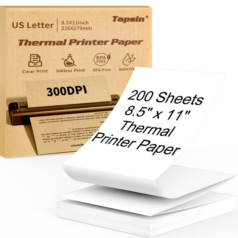 Tapsin Thermal Printer Paper 8.5 x 11 Inch, Quick-Dry US Letter Paper, Compatible with M08F M832 Portable Printer, Continuous Perforated Folding Paper, 200 Sheets - Image 1