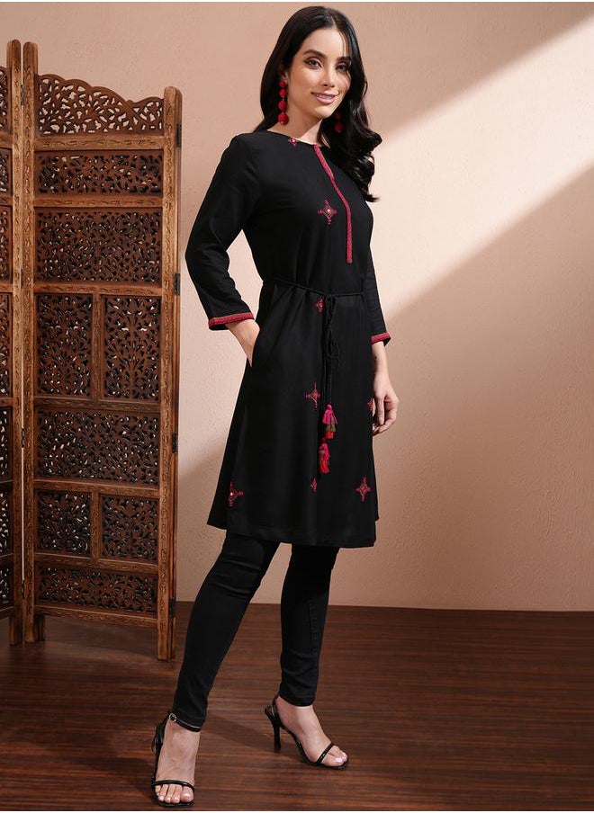 Vishudh - Women Black Embroidered A-Line Kurta by Styli - Image 1
