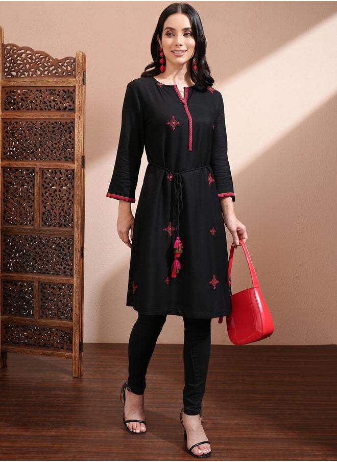 Vishudh - Women Black Embroidered A-Line Kurta by Styli - Image 1