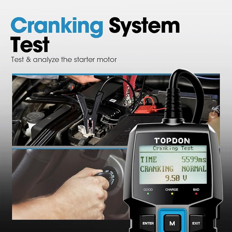 توب دون جهاز فحص بطاريات السيارات TOPDON BT100، بجهد 12V، يقوم بفحص البطاريات واختبار أداء نظام الشحن، ويناسب ال - Image 2