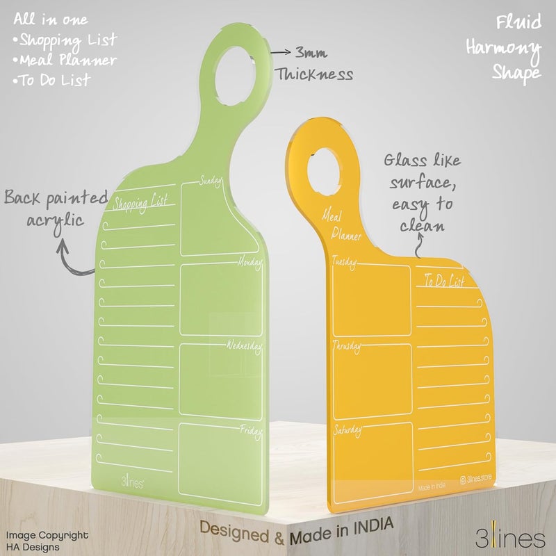 3 Lines TWOgether All in One Acrylic Board Planner Fridge Magnet | Organizer, Daily Planner For Couples | To-Do List, Meal Planning, Shopping List| Unique gift| Total Size 27*24cms| Green Yellow Color - Image 3