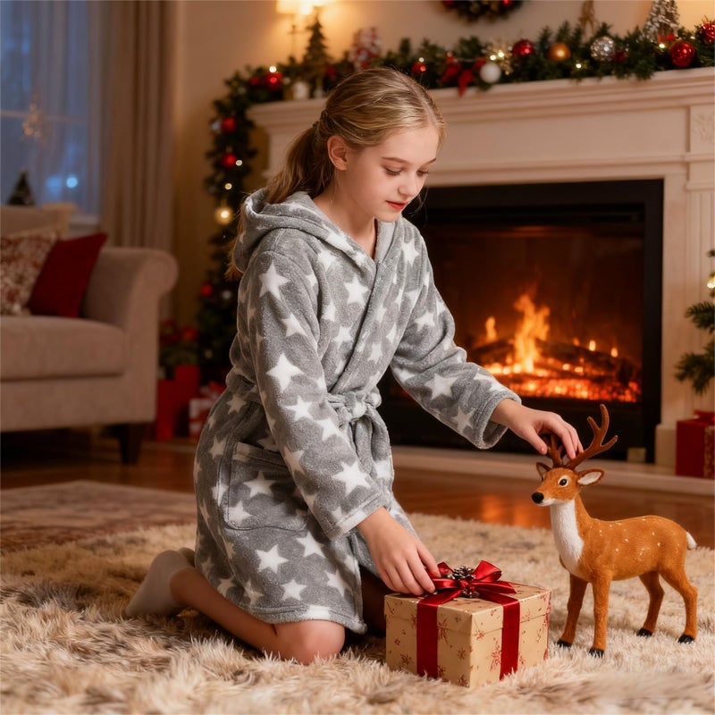 V.&GRIN Girls Fleece Robe, Plush Hooded Soft Fuzzy Warm Fluffy Bathrobe for Kids 5-14 Yearsï¼ˆStar Gray 5-6ï¼‰ - Image 2