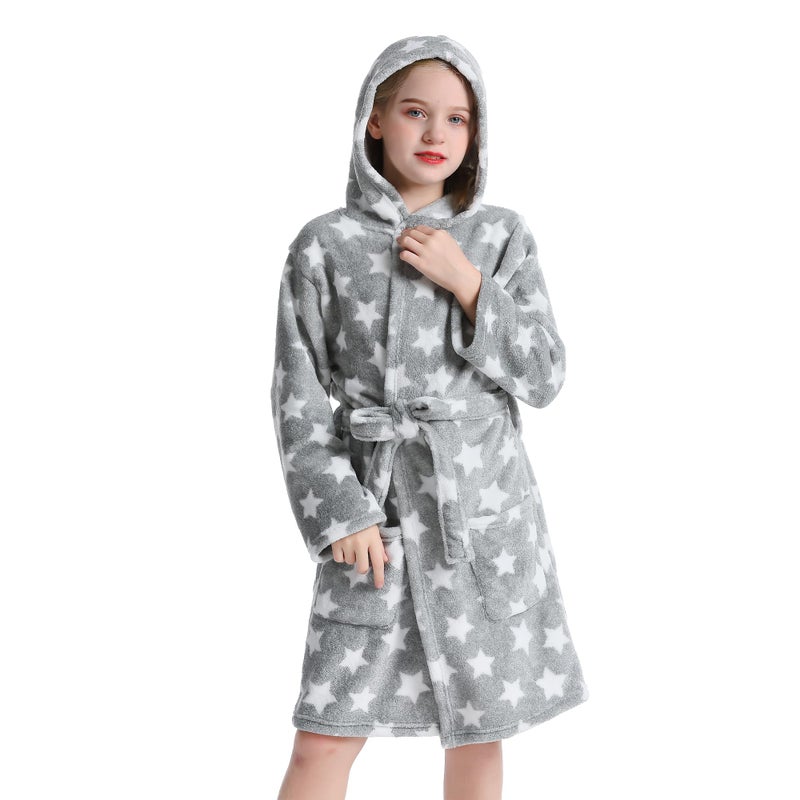 V.&GRIN Girls Fleece Robe, Plush Hooded Soft Fuzzy Warm Fluffy Bathrobe for Kids 5-14 Yearsï¼ˆStar Gray 5-6ï¼‰ - Image 1