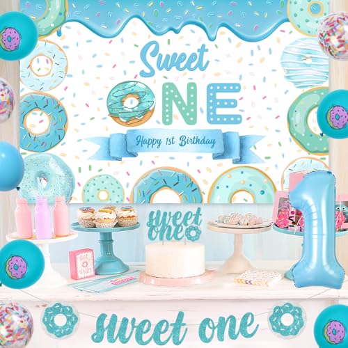 Balterever Sweet One Birthday Party Decorations Blue Doughnut Backdrop Banner Cake Topper Highchair Banner Donut Balloons for 1st Birthday Party Decorations for Boy - Image 5