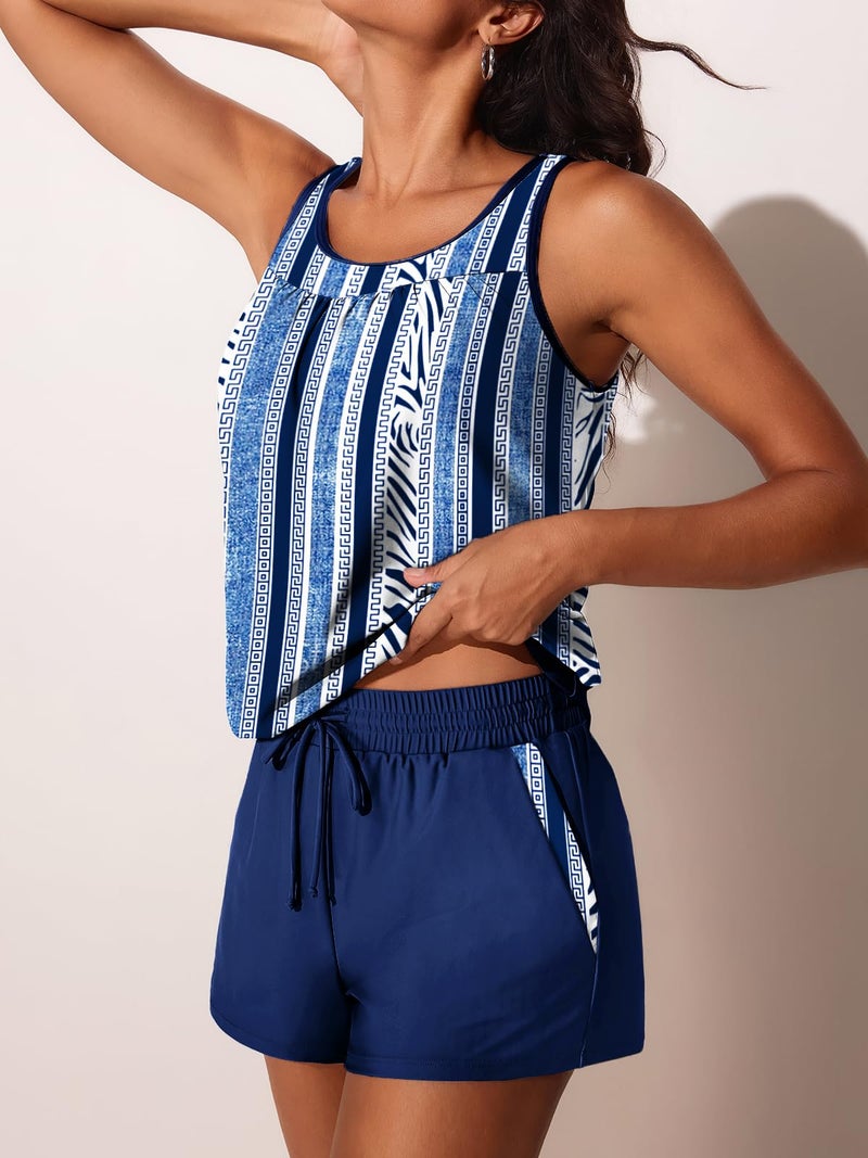 Summer Mae Blouson Women's Tankini Swimsuits Tummy Control Modest 2026 Two Piece with Sporty Pockets Bathing Suits Blue Vertical Large - Image 3