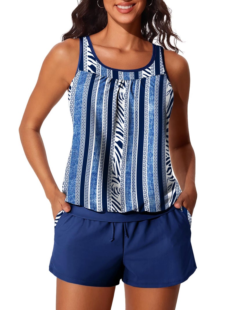 Summer Mae Blouson Women's Tankini Swimsuits Tummy Control Modest 2026 Two Piece with Sporty Pockets Bathing Suits Blue Vertical Large - Image 1