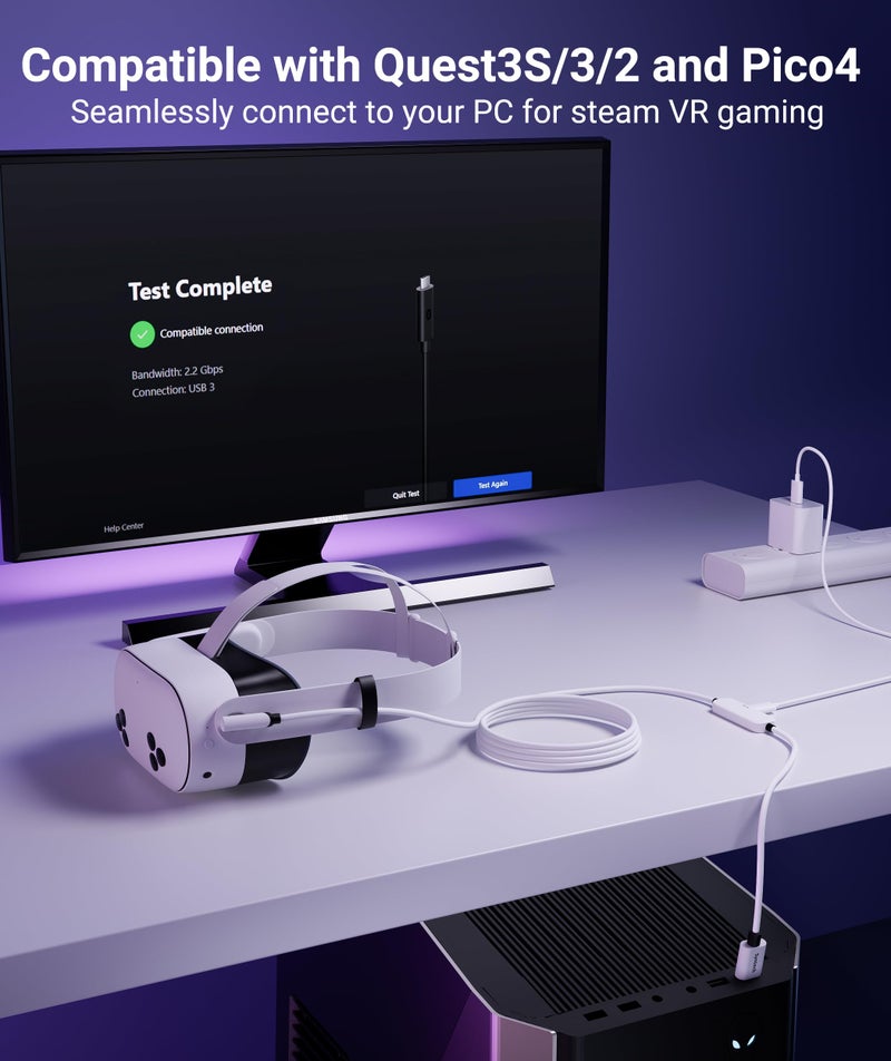 Syntech كابل سينتيك للربط مع الشحن 16 قدم متوافق مع Oculus/Meta Quest 3S/3 ملحقات، Quest2/Pro، Pico4، كابل VR من الجيل التالي مع محول USB 3.0 A إلى C لـ SteamVR، شحن وربط في نفس الوقت - Image 4
