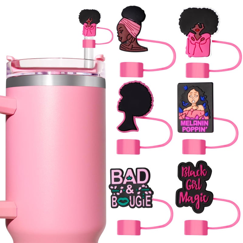 WLEAD 6PCS Pink Black Girl Straw Covers for Stanley Cupï¼ŒCute Silicone Straw Topper for 10mm Drinking Straw Tip Covers Stanley Cup Accessories - Image 1