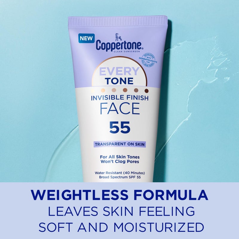 Coppertone Every Tone Invisible Finish Face Sunscreen SPF 55, Lightweight, Blends in Clear Sunscreen for All Skin Tones, 2 Fl Oz Tube - Image 4