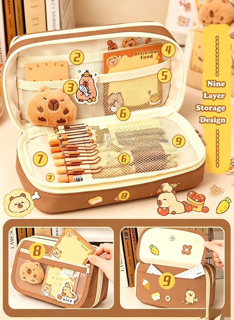 BESTPEAK Pencil Box Set, Comes with Stationery Box+Stickers+Brooch+Stickers+Notes+Pen+Pendant, 9-Layer Large Stationery Set Makeup Bag (Brown) - Image 2