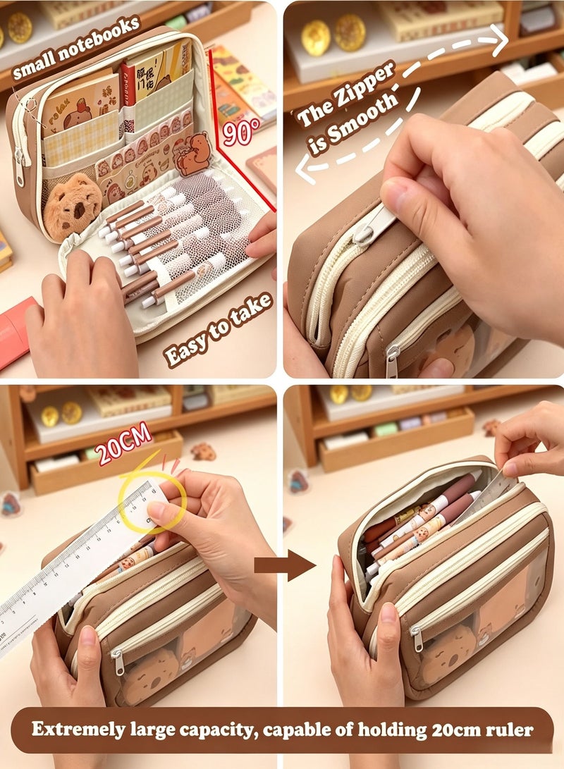 BESTPEAK Pencil Box Set, Comes with Stationery Box+Stickers+Brooch+Stickers+Notes+Pen+Pendant, 9-Layer Large Stationery Set Makeup Bag (Brown) - Image 3