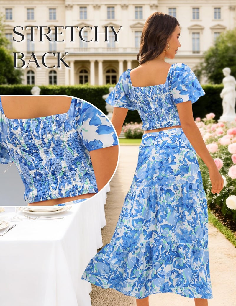 DRESSTELLS Women's 2 Piece Skirts Set, Floral Outfit Suit 2025, Smocked Top & Long Skirt, Casual Spring Going Out Dresses Blue Floral L - Image 2