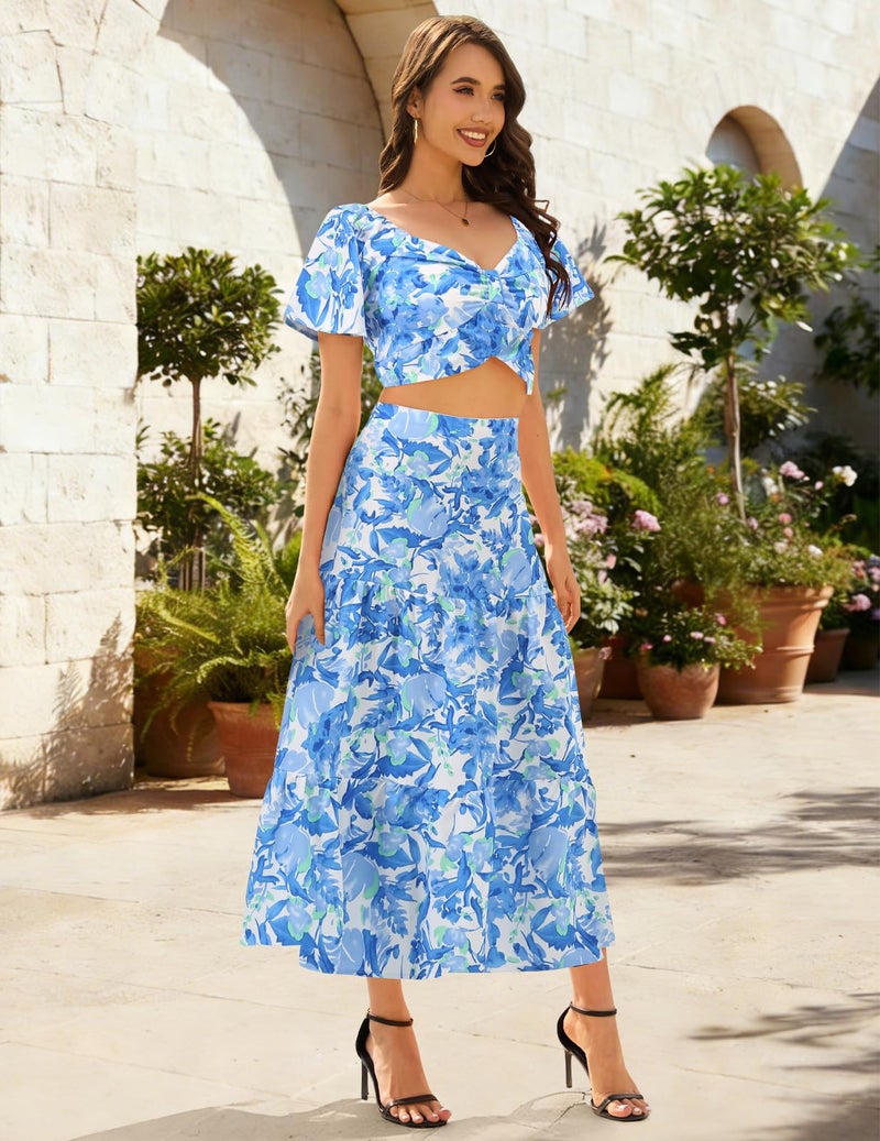 DRESSTELLS Women's 2 Piece Skirts Set, Floral Outfit Suit 2025, Smocked Top & Long Skirt, Casual Spring Going Out Dresses Blue Floral L - Image 4
