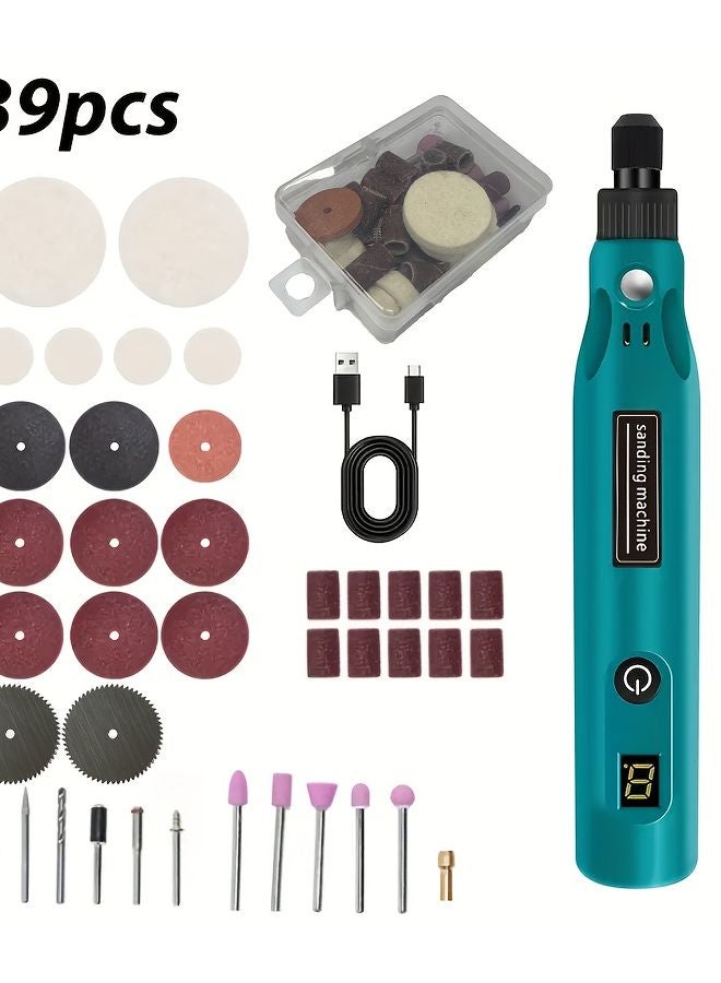 39Pcs Blue Cordless Rotary Tool Set 5 Speed USB Mini Drill Grinder For DIY Polishing - Image 1