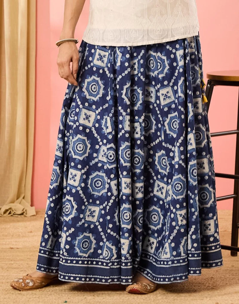 Fabindia  Indigo Cotton Dabu Printed Ghera Skirt for Women | Best Price UAE