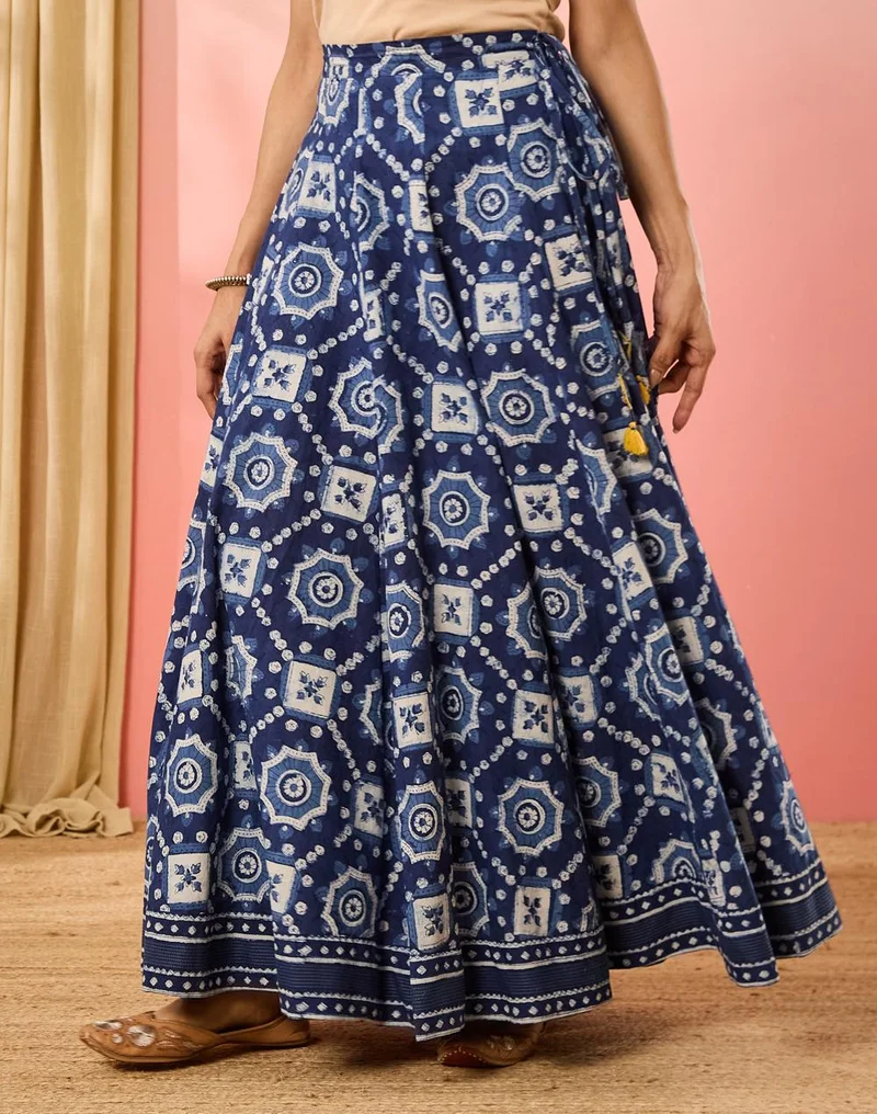 Indigo Cotton Dabu Printed Ghera Skirt