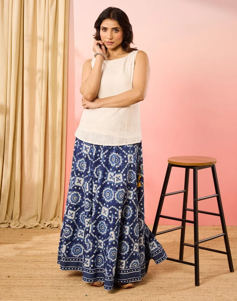 Fabindia  Indigo Cotton Dabu Printed Ghera Skirt for Women | Best Price UAE