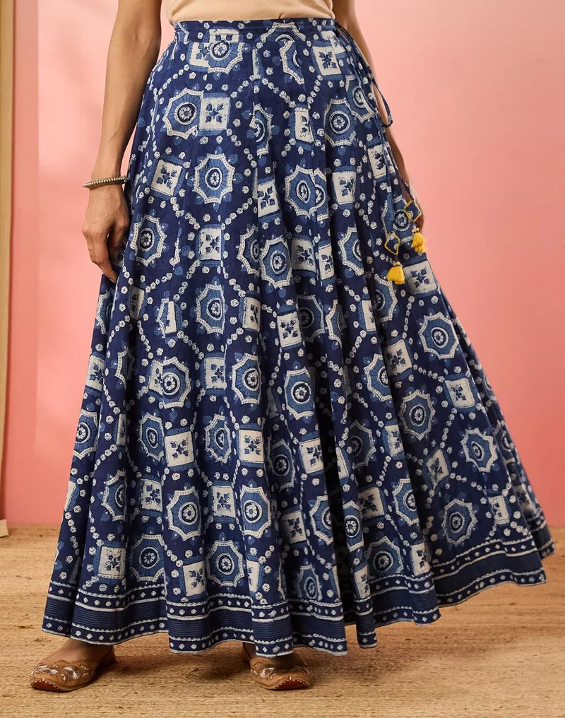 Fabindia  Indigo Cotton Dabu Printed Ghera Skirt for Women | Best Price UAE