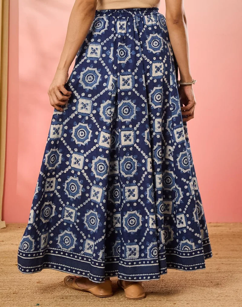 Fabindia  Indigo Cotton Dabu Printed Ghera Skirt for Women | Best Price UAE