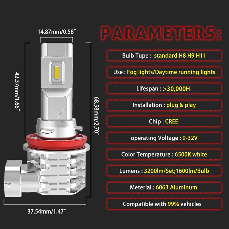Generic NATGIC H11 H8 H9 LED Fog Light Bulbs Hight Power 55W Super Bright CanBus Error Free Daytime Running Light Driving Lamp 3200LM & 6500K Xenon White DC 9V - 32V - 2 Yr Warranty (Pack of 2)  - Image 2