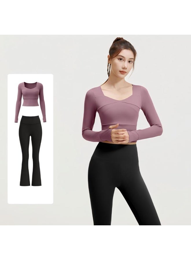 Women 2 Piece Workout Set - Built-in Bra Long Sleeve Crop Top with Thumb Holes & High Waisted Flare Leggings Tummy Control Slimming Tracksuit - Image 1